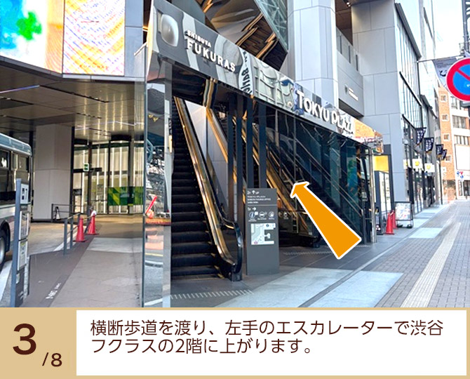 ③横断歩道を渡り、左手のエスカレーターで渋谷フクラスの2階に上がります。
